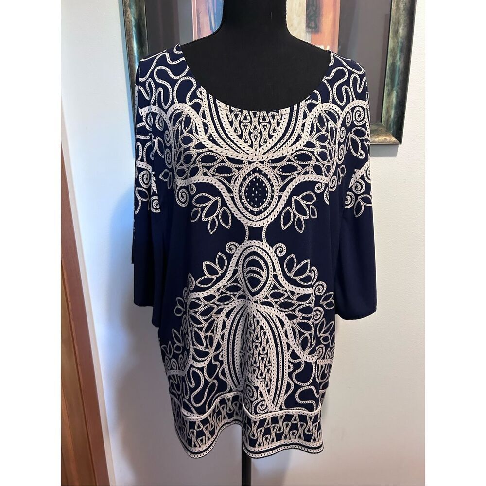 JM Collection Women’s Size XL Navy Blue Printed Design Round Neck Short Sleeve B